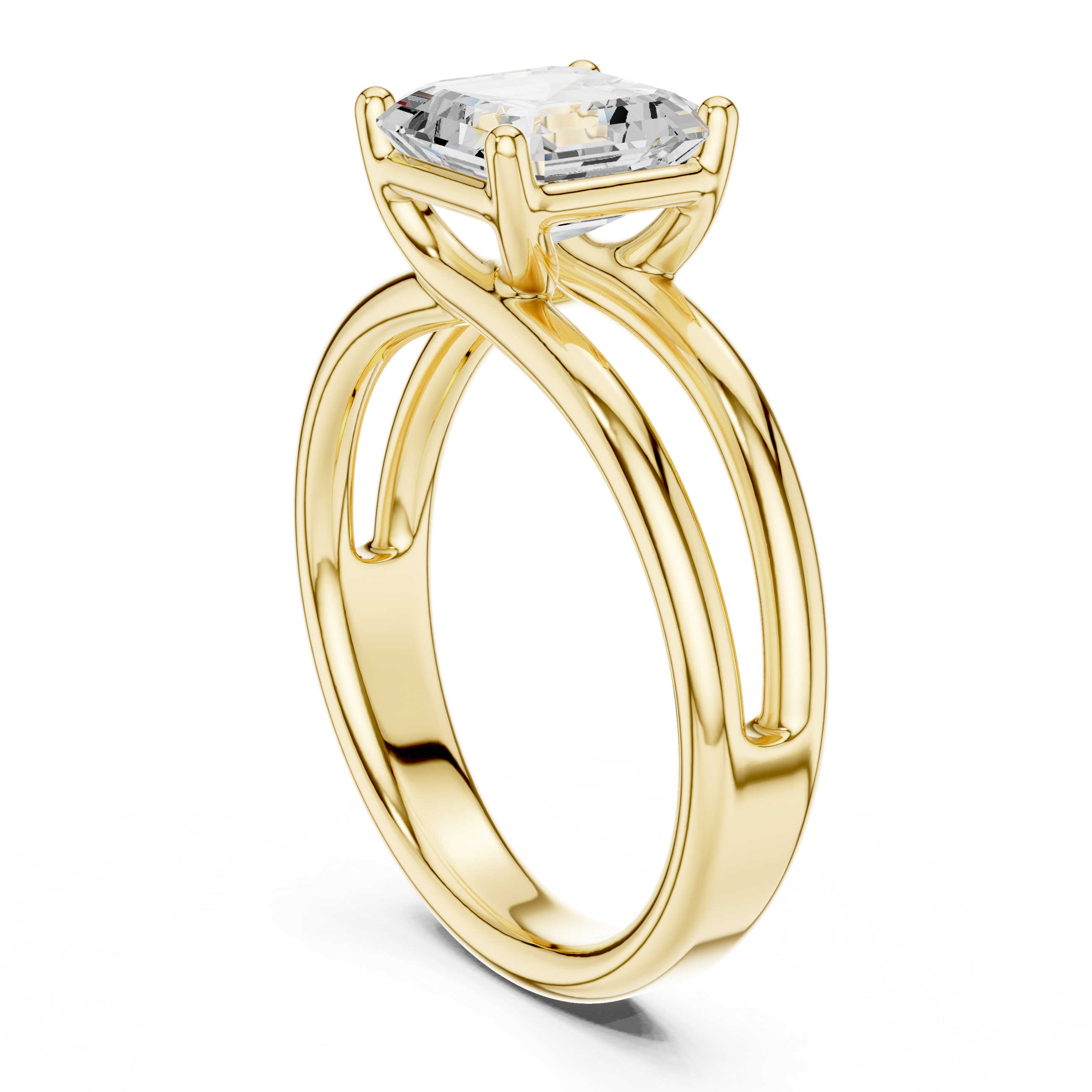 Yellow gold split-shank ring with Asscher-cut center diamond, angled view