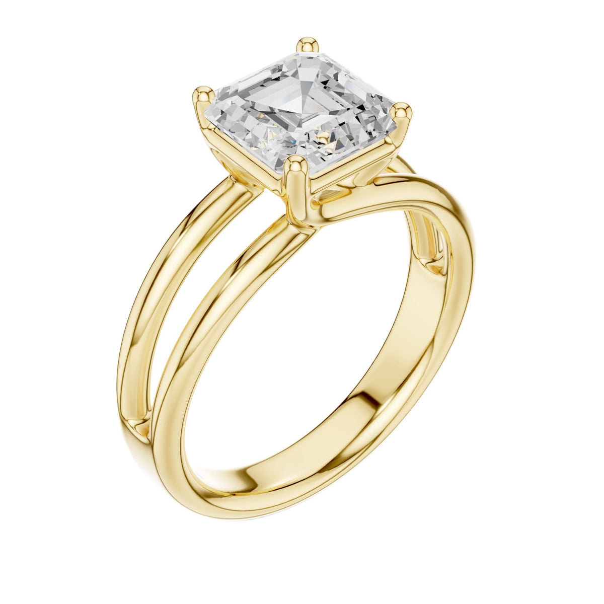Yellow gold Asscher cut diamond ring with split band and four-prong top setting