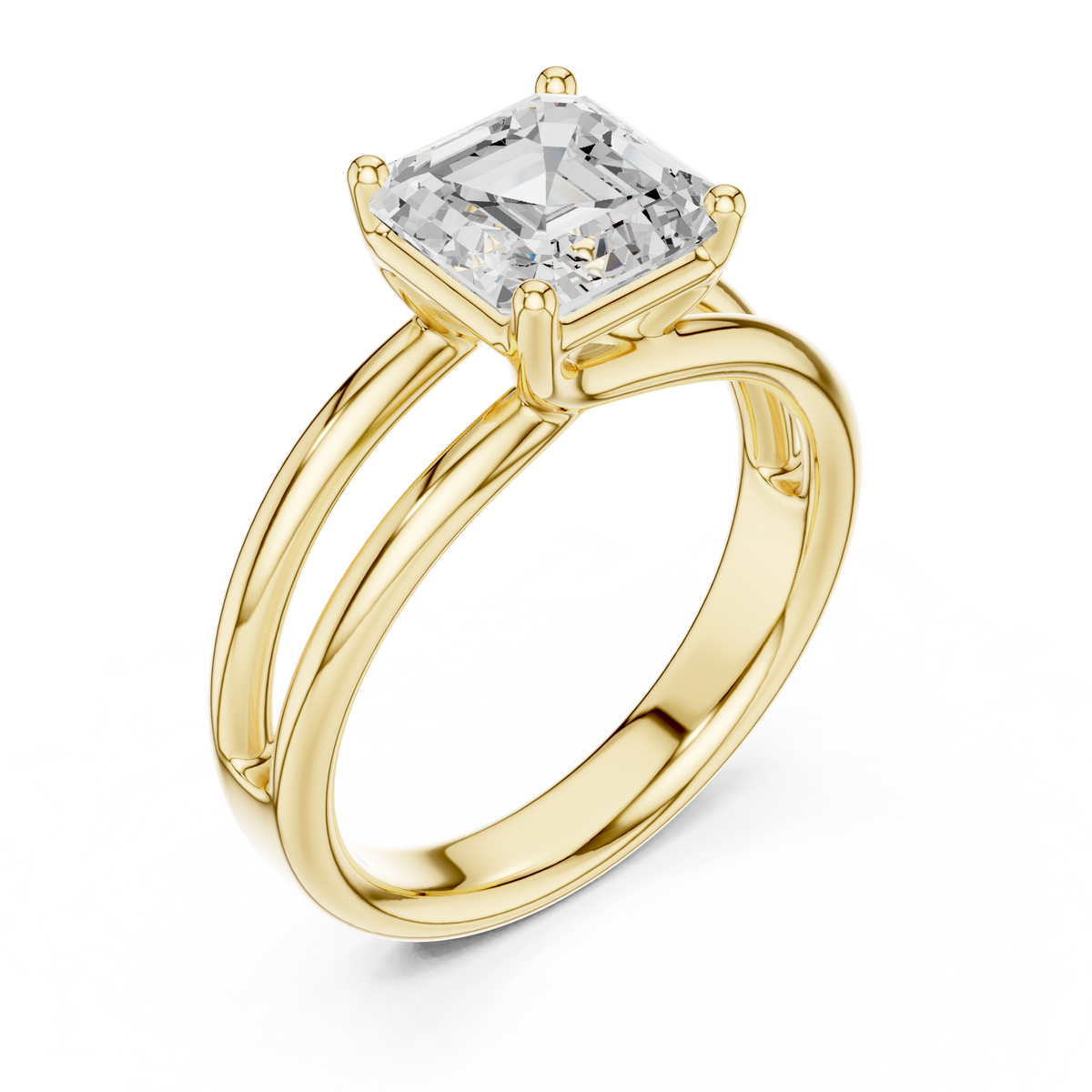 Yellow gold Asscher cut diamond ring with split band and four-prong top setting