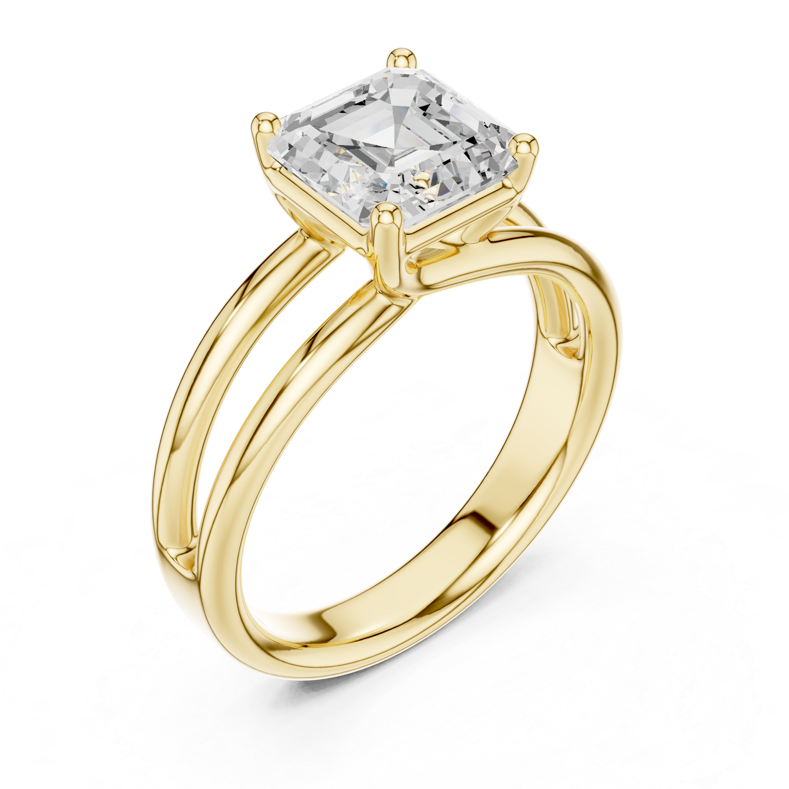 Yellow gold split-shank ring with Asscher-cut center diamond, side view
