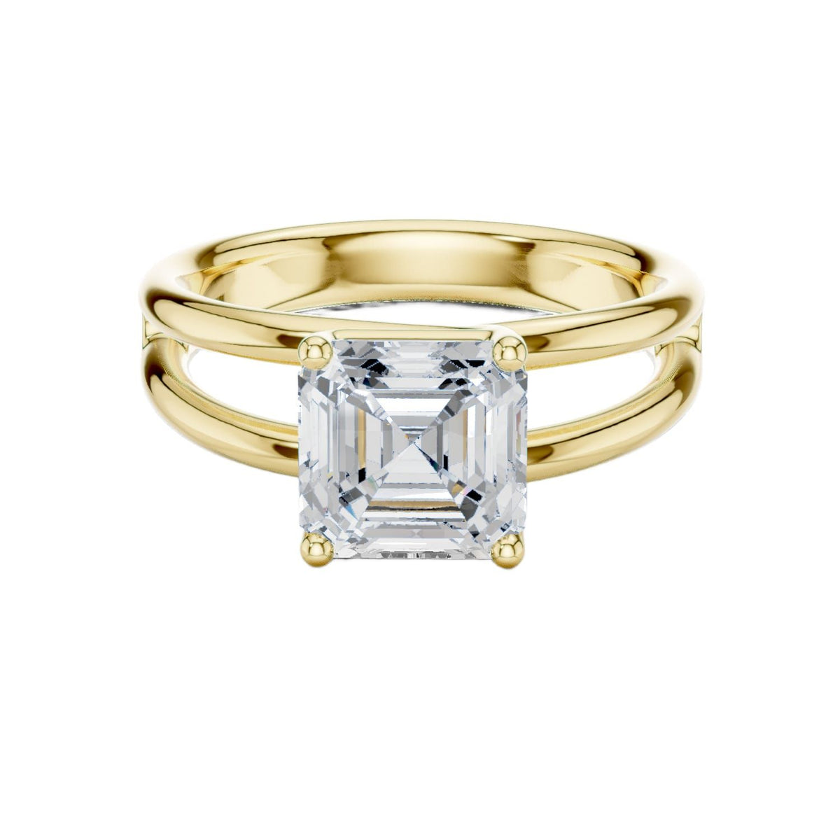 Yellow gold split-shank diamond ring with square Asscher center stone