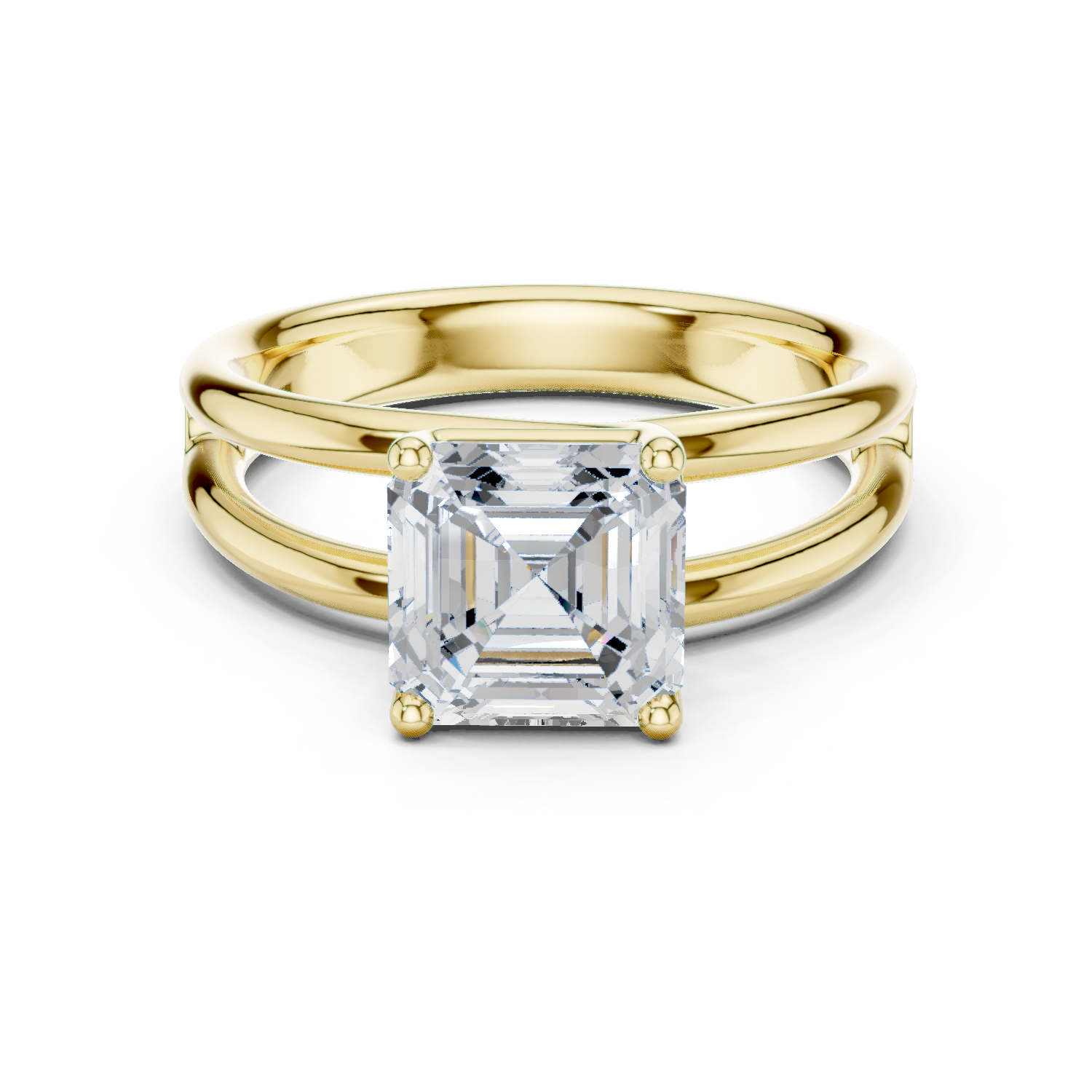 Yellow gold split-shank diamond ring with square Asscher center stone