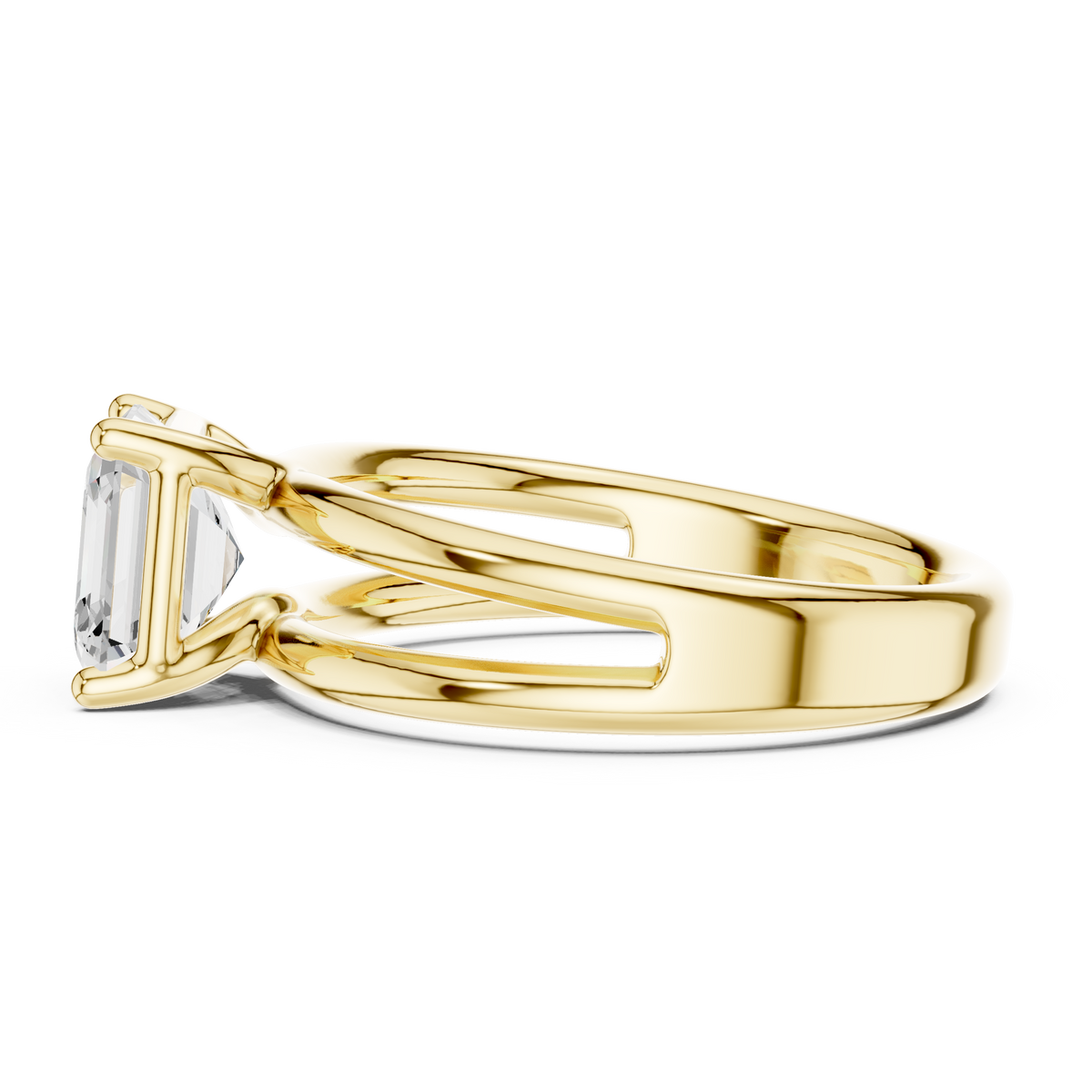Yellow gold split-shank diamond ring with Asscher center stone, angled view