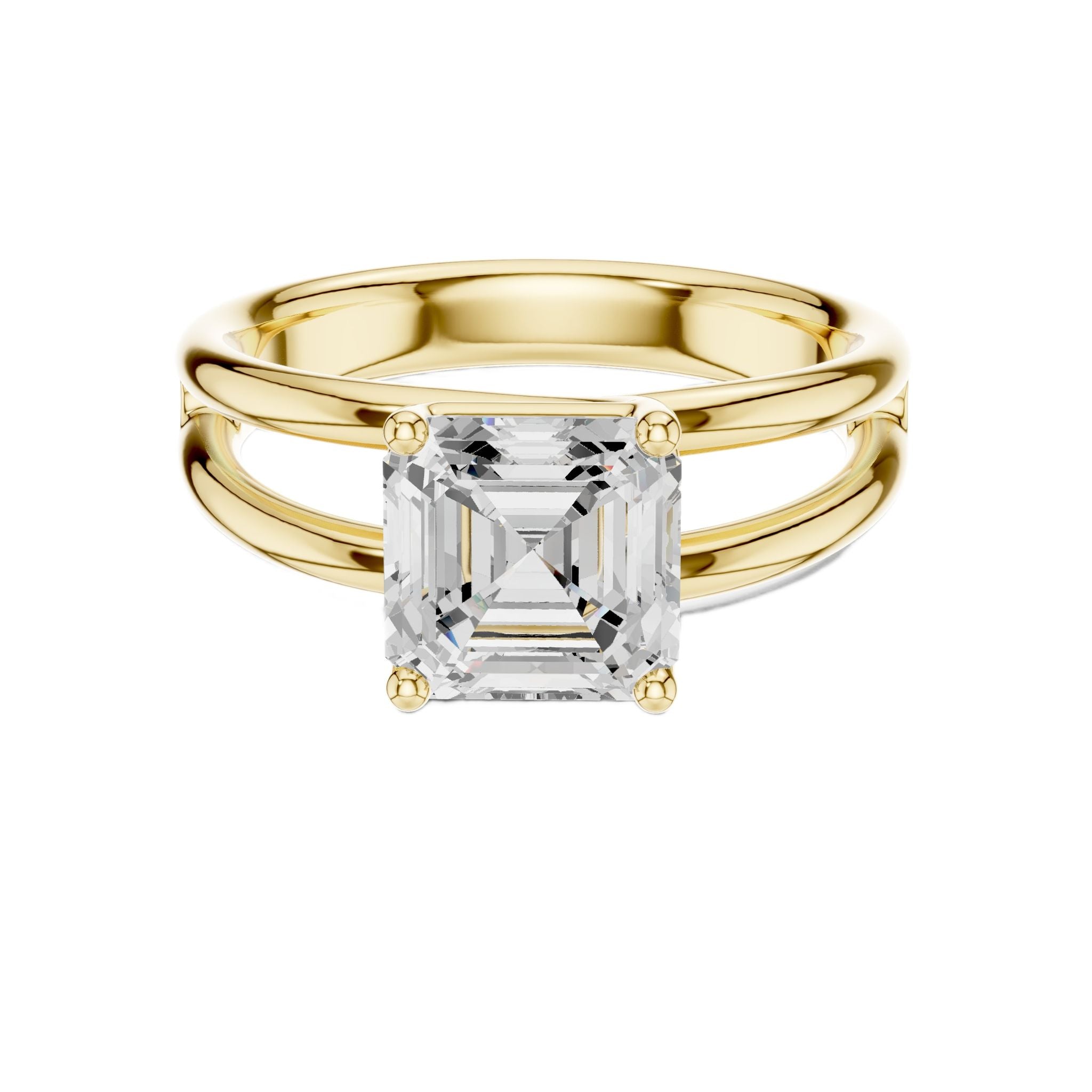 Yellow gold split shank Asscher cut diamond ring with four-prong center setting