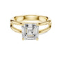 Yellow gold split shank Asscher cut diamond ring with four-prong center setting
