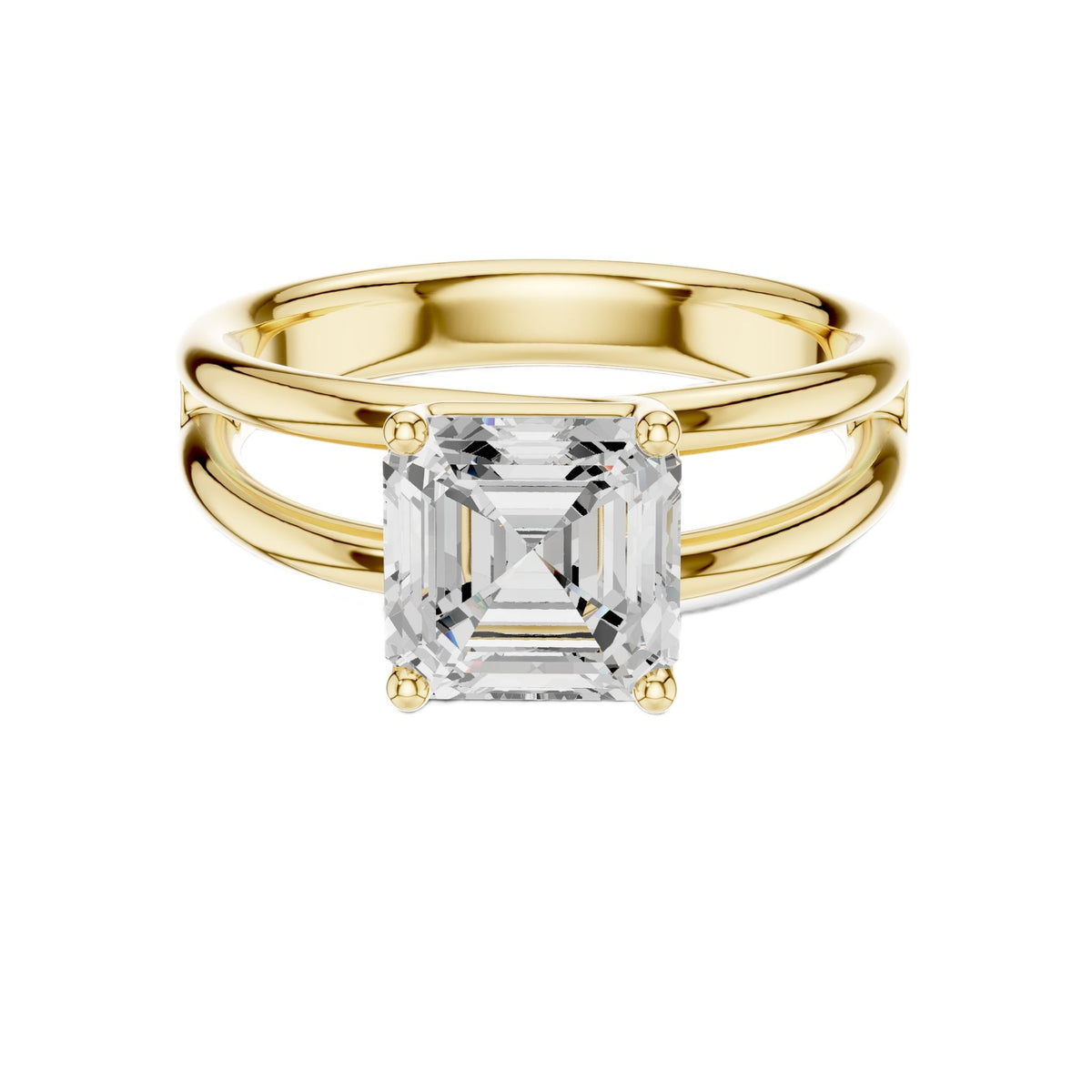 Yellow gold split shank Asscher cut diamond ring with four-prong center setting