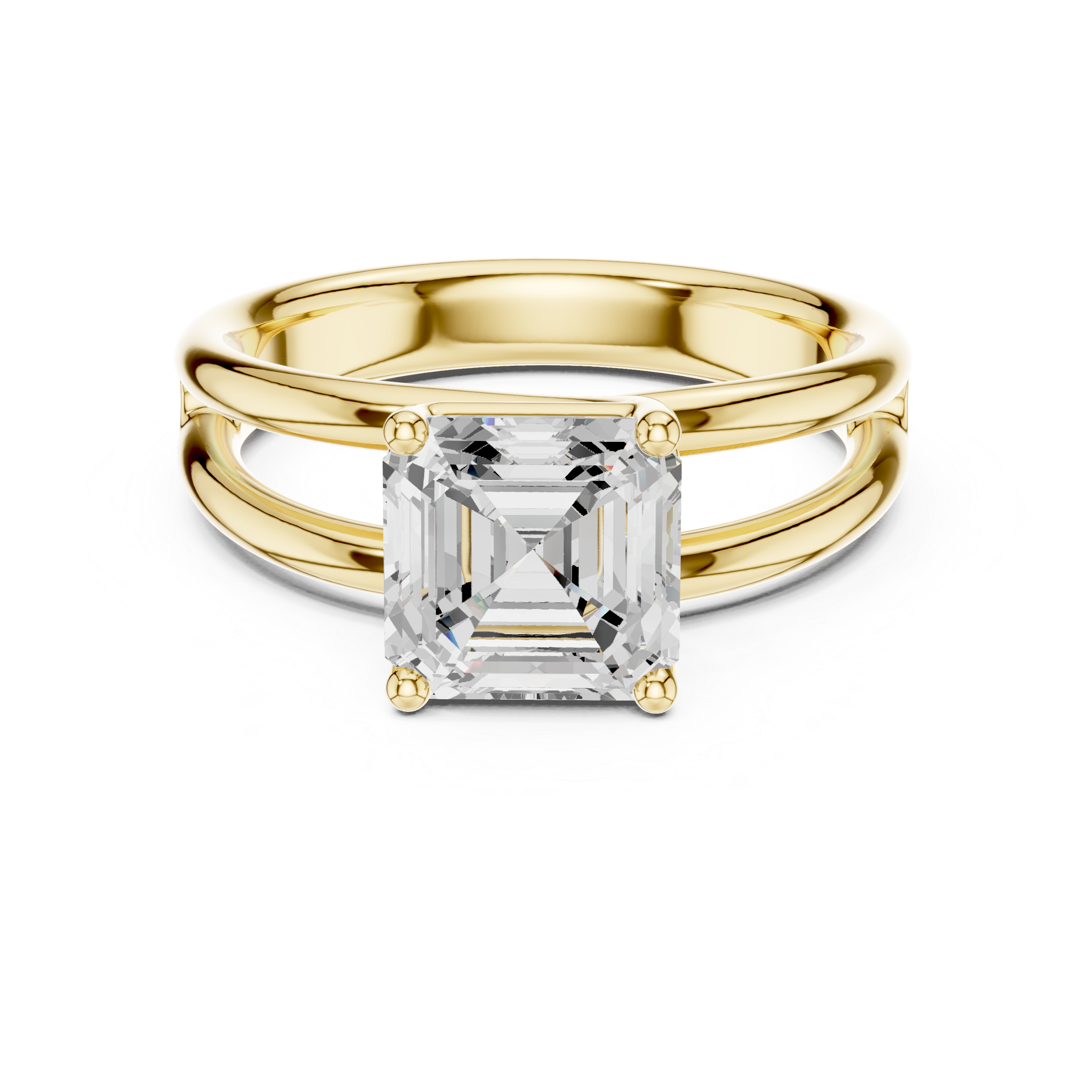 Yellow gold split shank Asscher cut diamond ring with four-prong center setting