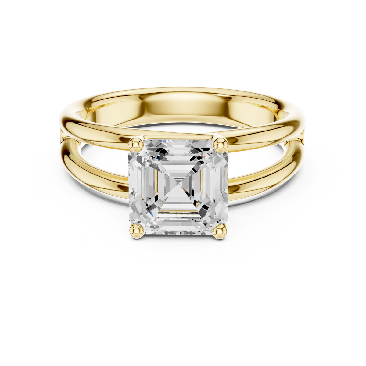 Yellow gold split shank Asscher cut diamond ring with four-prong center setting