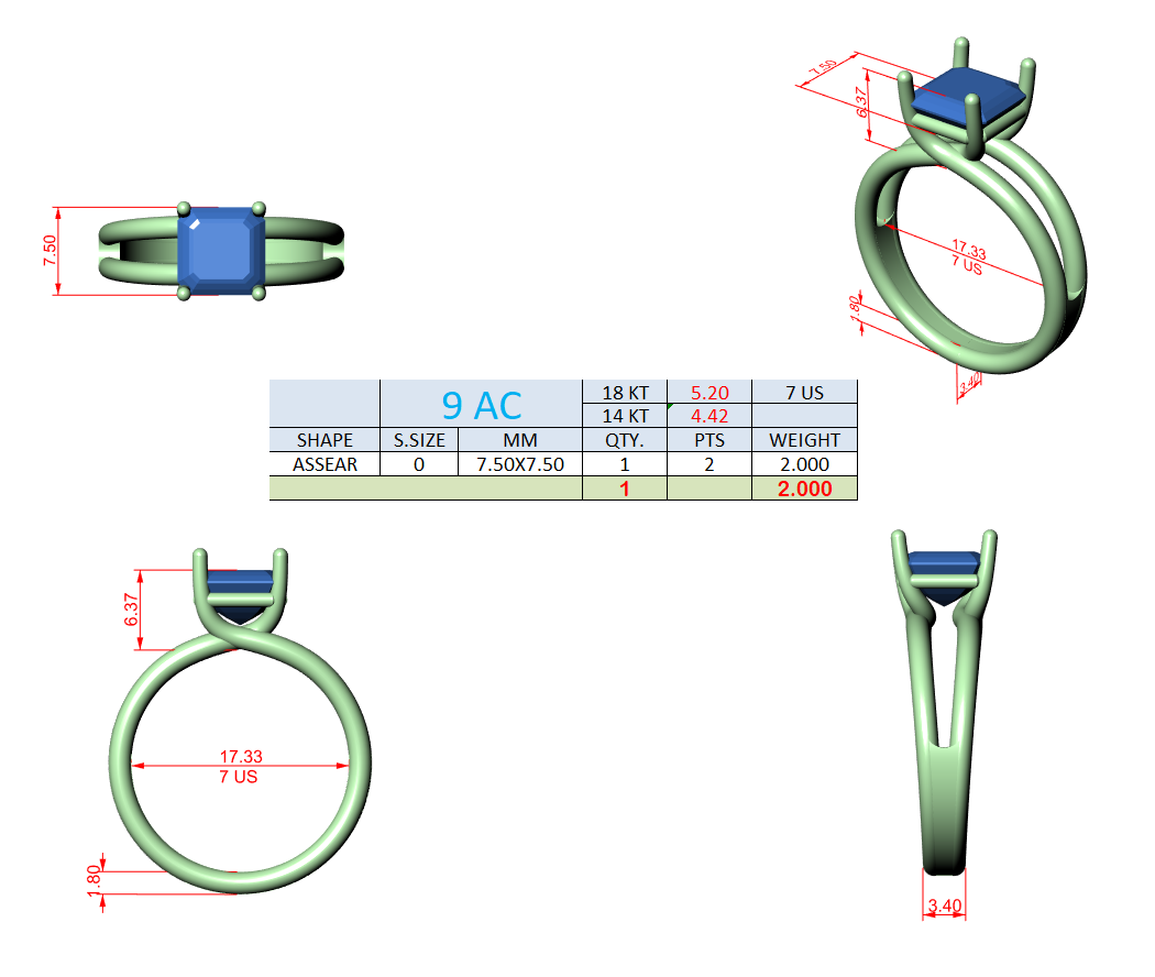 Asscher diamond ring design diagram with split-shank setting