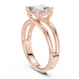 Rose gold split shank diamond ring showing side profile of the prong-set stone