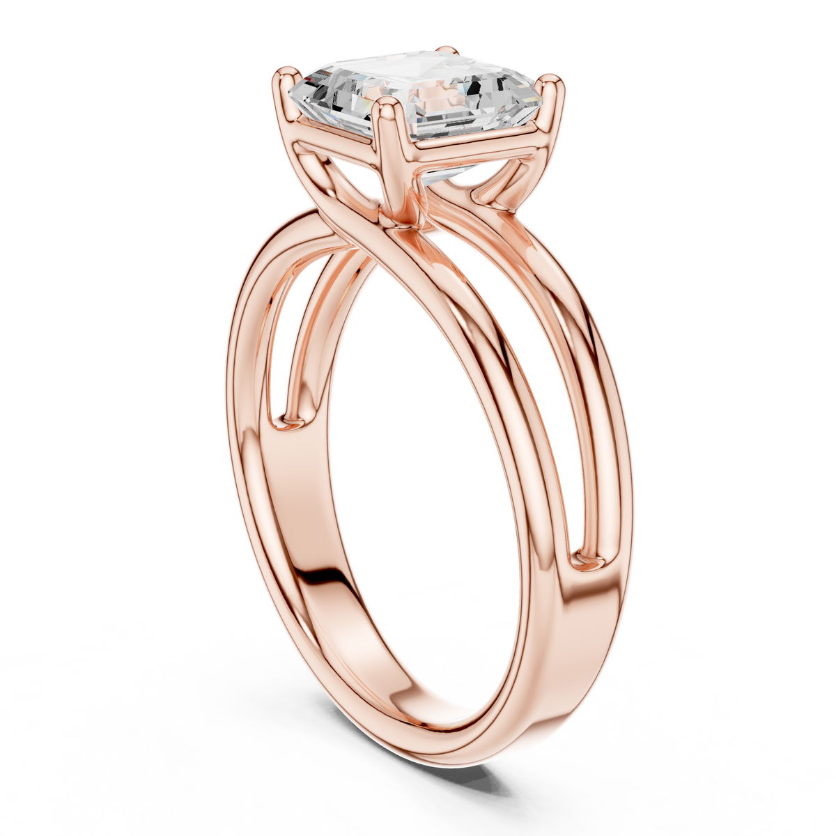 Rose gold split shank diamond ring showing side profile of the prong-set stone