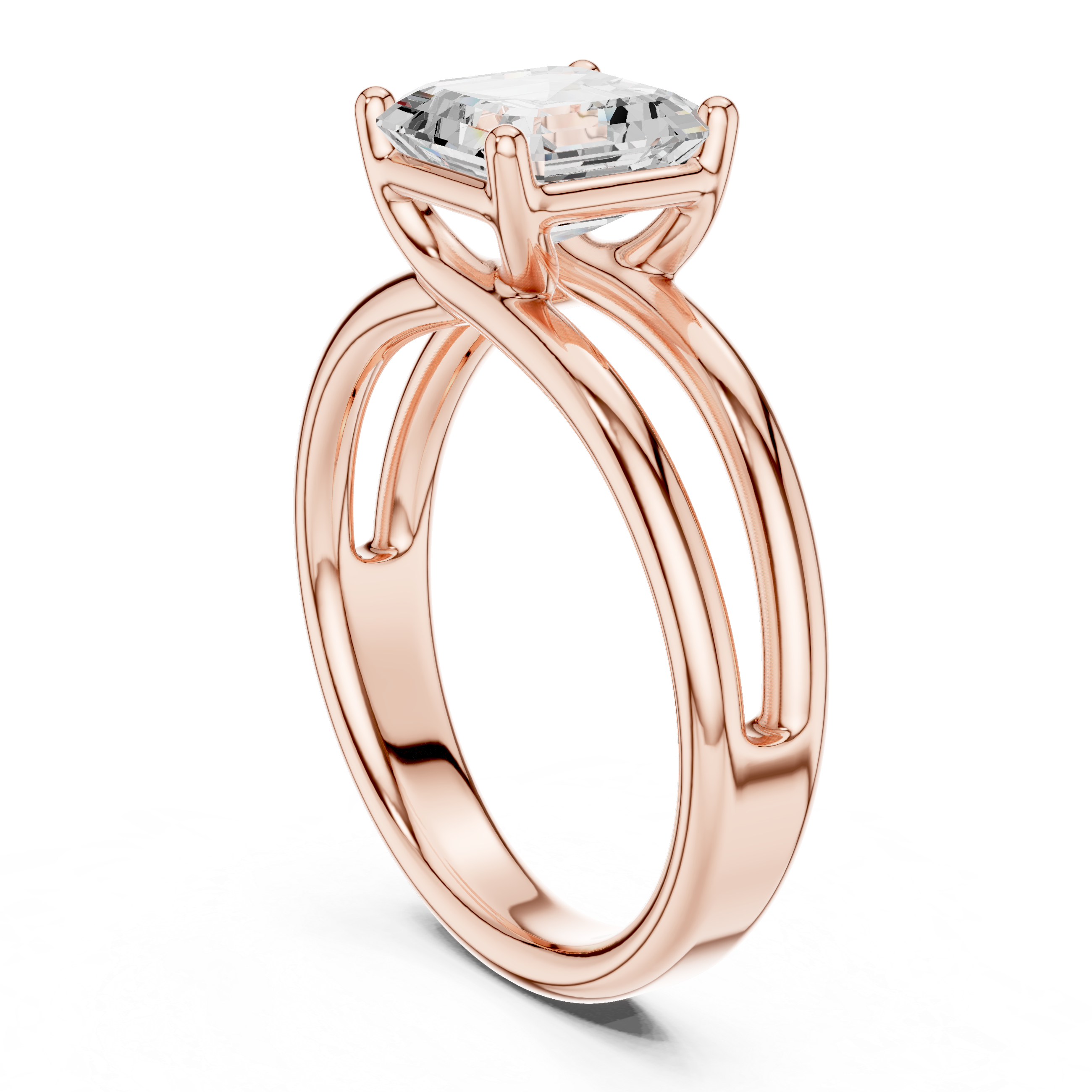 Rose gold split-shank ring with Asscher-cut center diamond, angled view