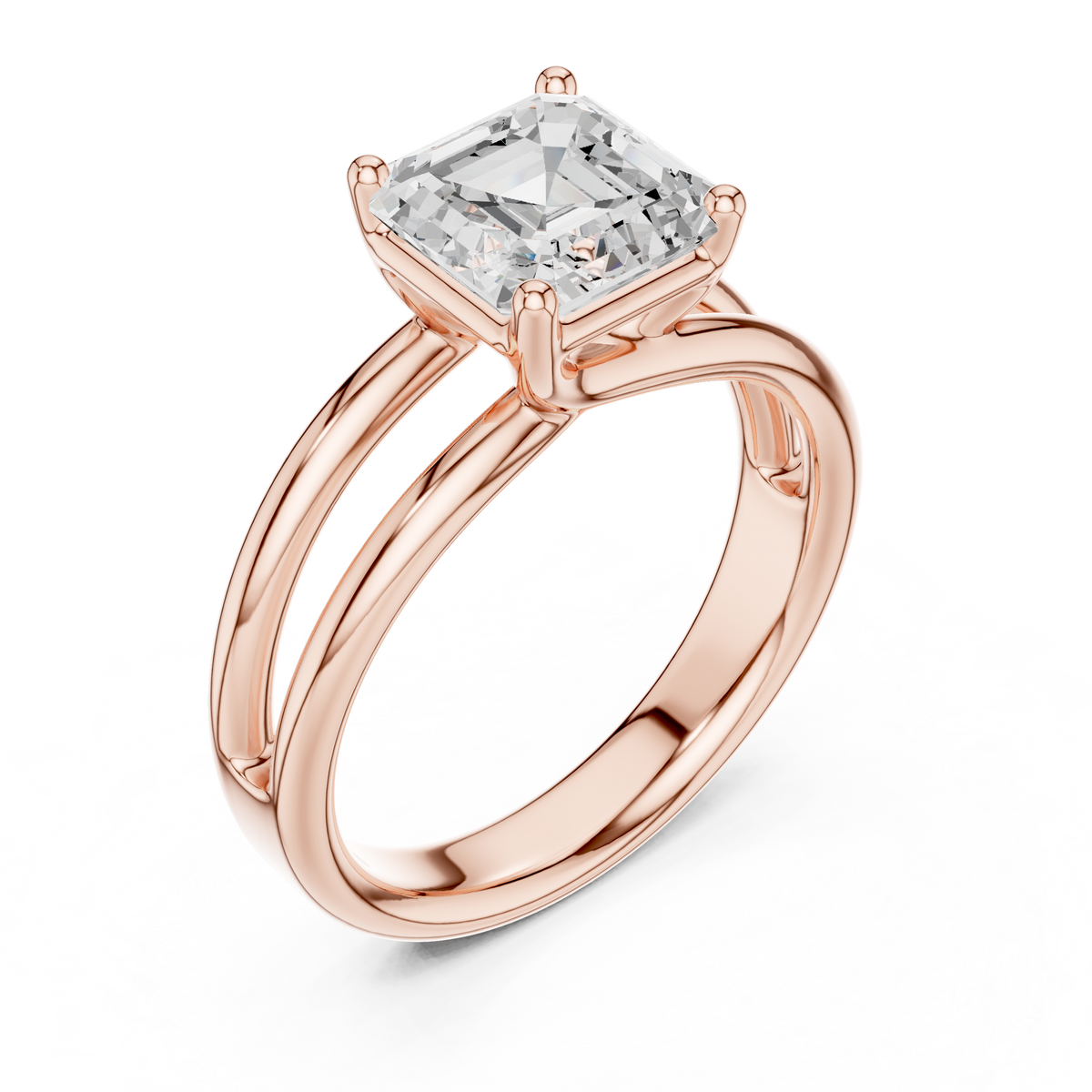 Rose gold Asscher cut diamond ring with split band and four-prong top setting