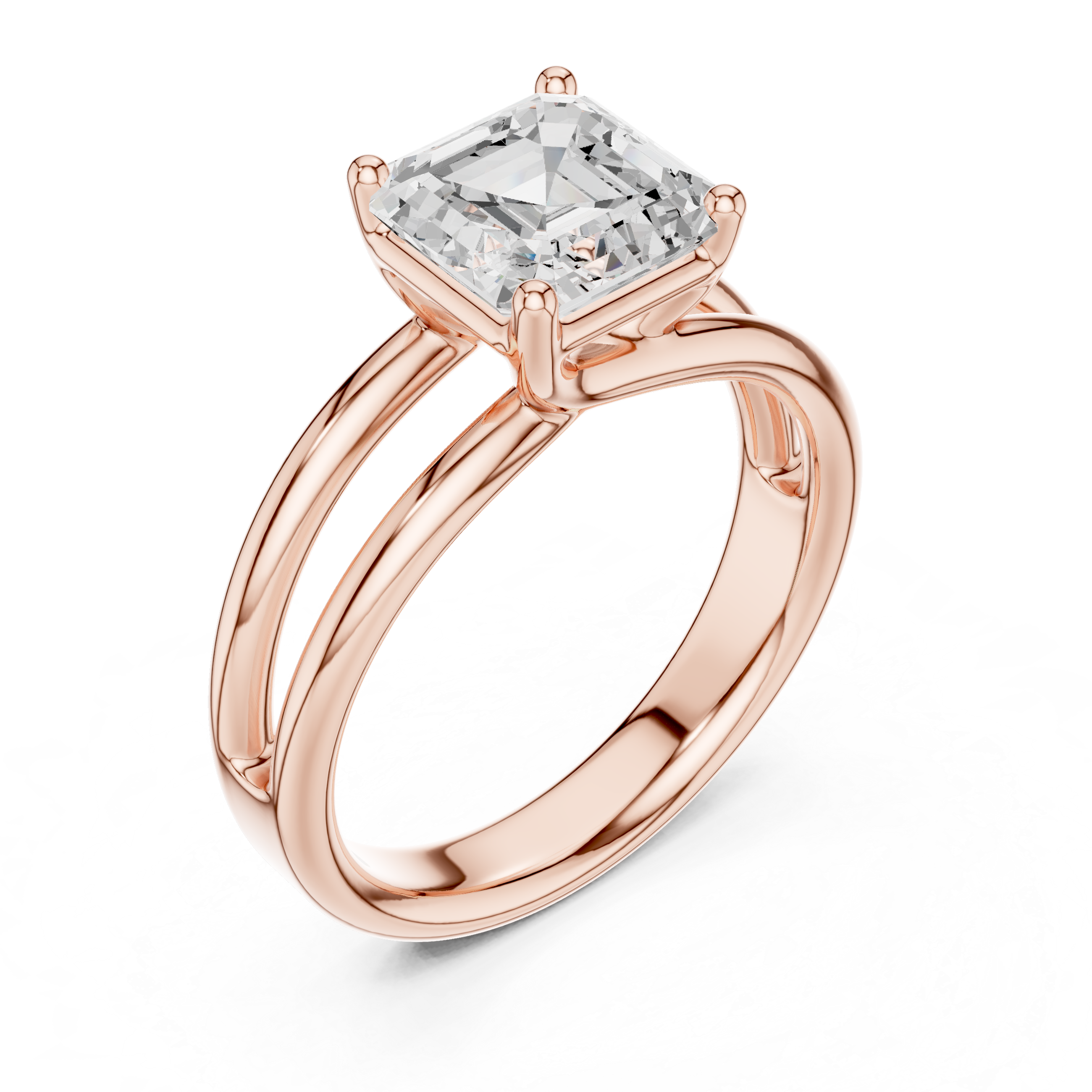 Rose gold split-shank ring with Asscher-cut center diamond, side view