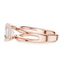 Rose gold split-shank diamond ring with Asscher center stone, angled view