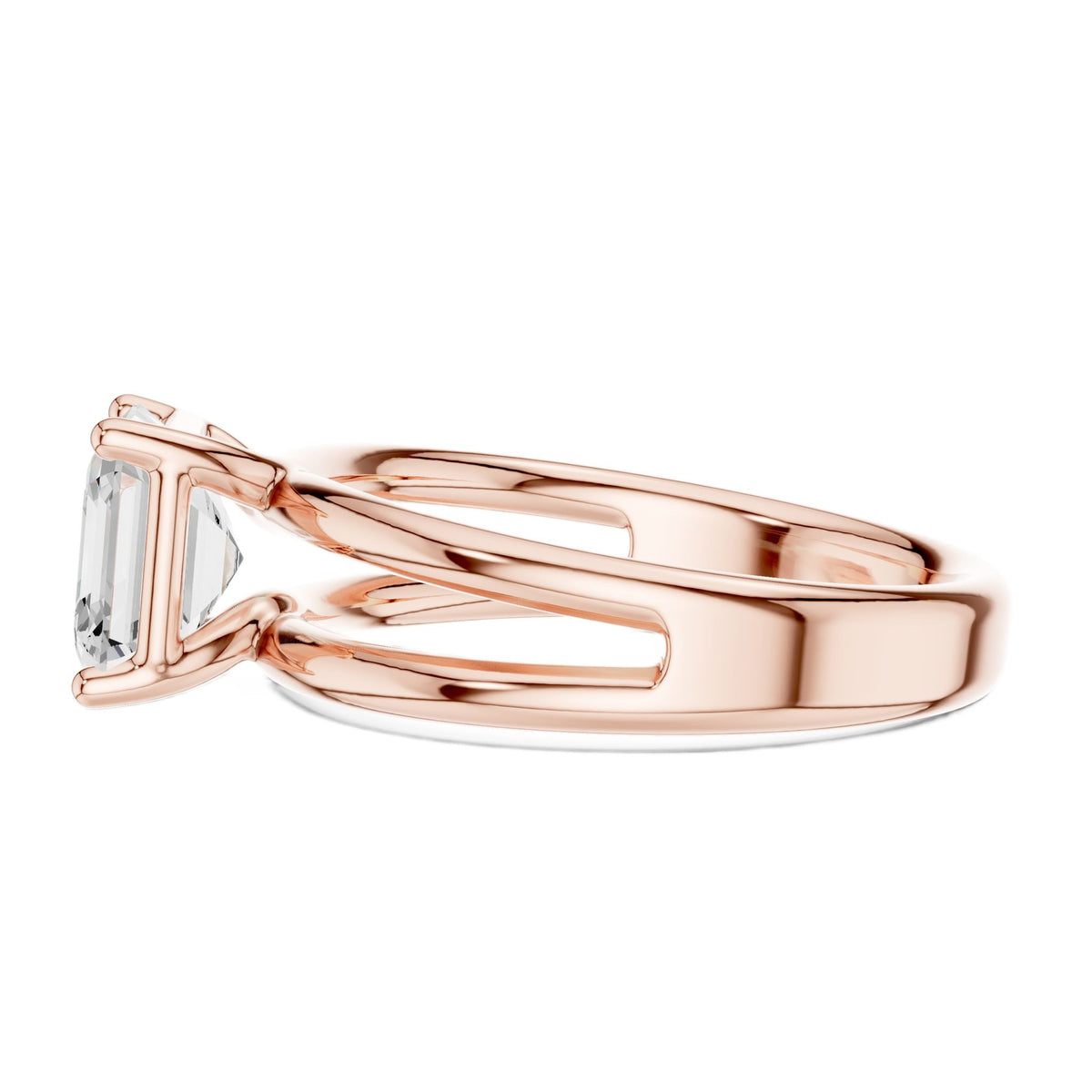 Rose gold split-shank diamond ring with Asscher center stone, angled view
