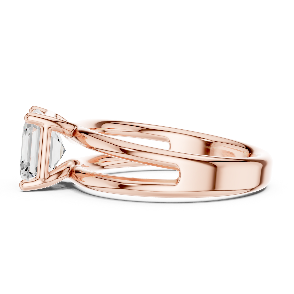 Rose gold split-shank diamond ring with Asscher center stone, angled view