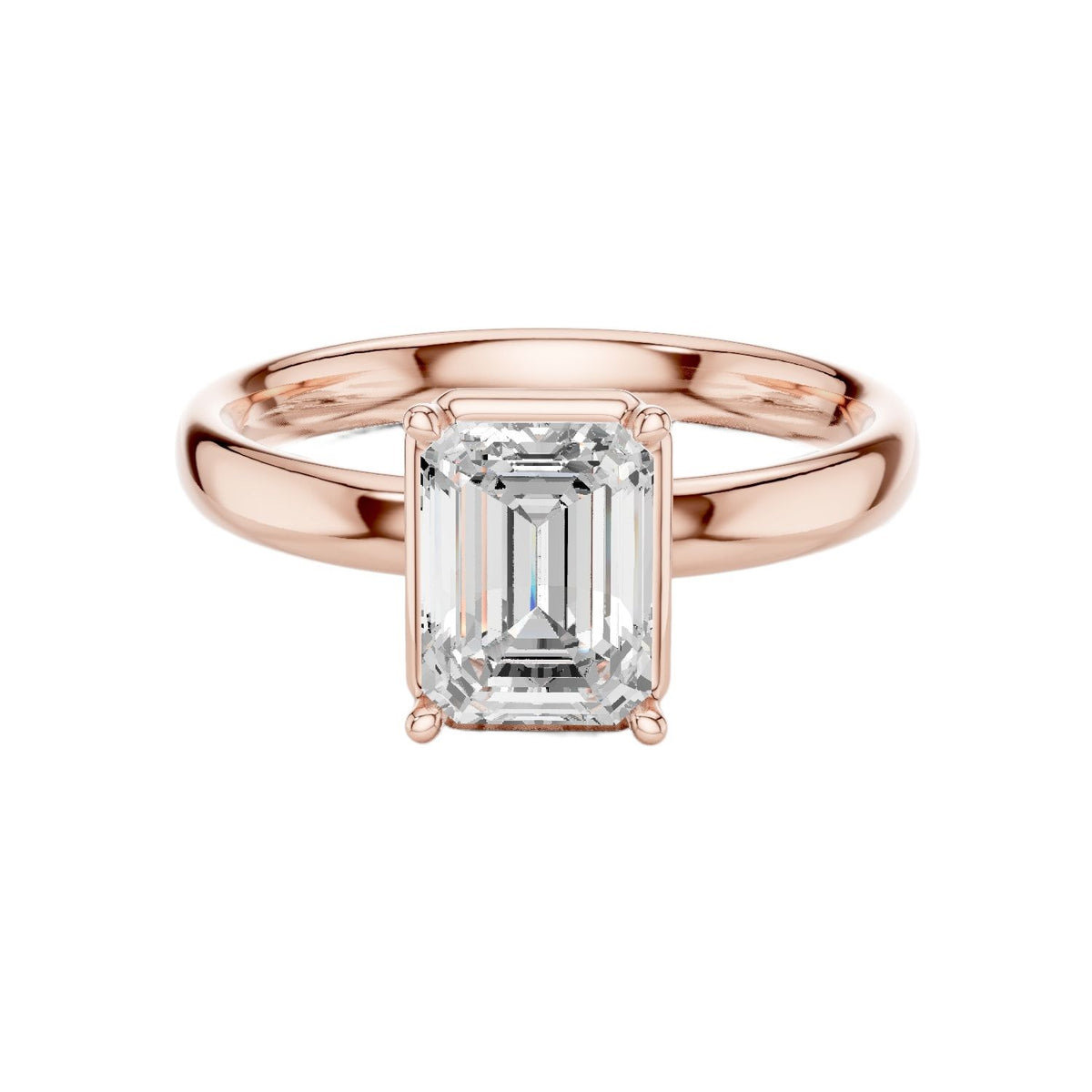 Rose gold emerald-cut solitaire diamond engagement ring with four-prong setting