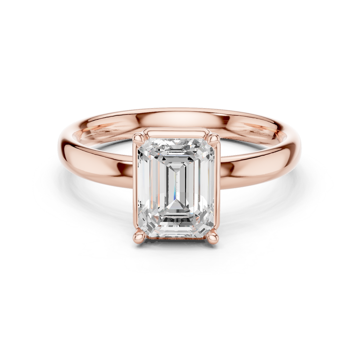 Rose gold emerald-cut solitaire diamond engagement ring with four-prong setting