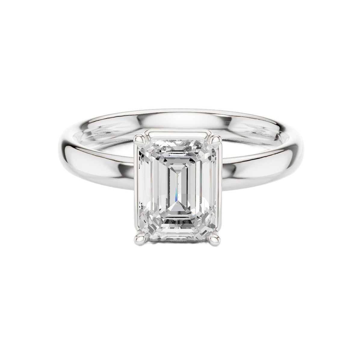 White gold emerald-cut solitaire diamond engagement ring with four-prong setting