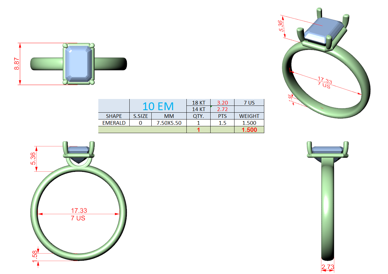 Diagram of emerald-cut diamond solitaire ring with band, prongs, and size measurements shown.