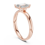 Rose gold emerald-cut solitaire diamond ring, side view with four-prong mount
