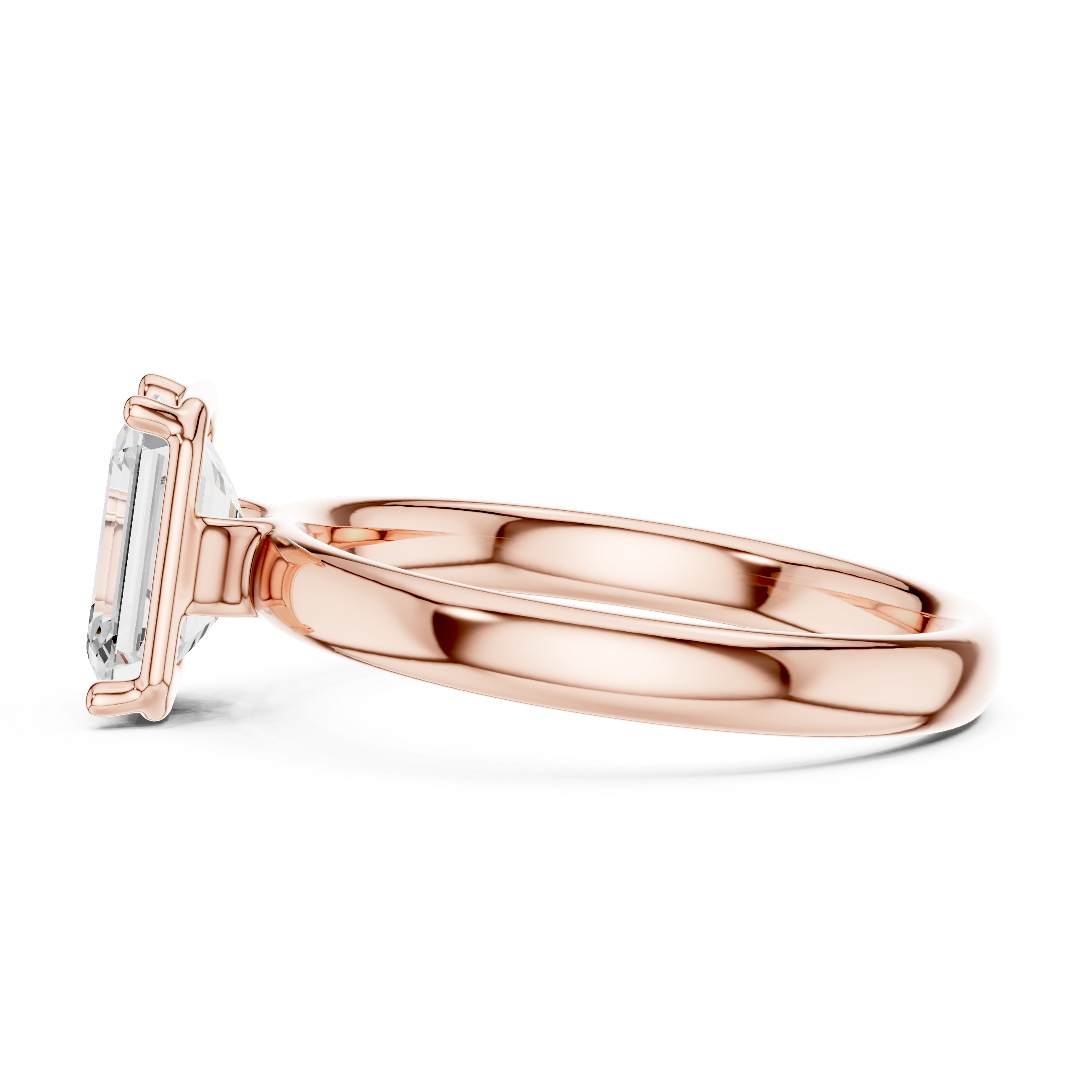 Rose gold emerald-cut solitaire diamond ring, profile view with four-prong head