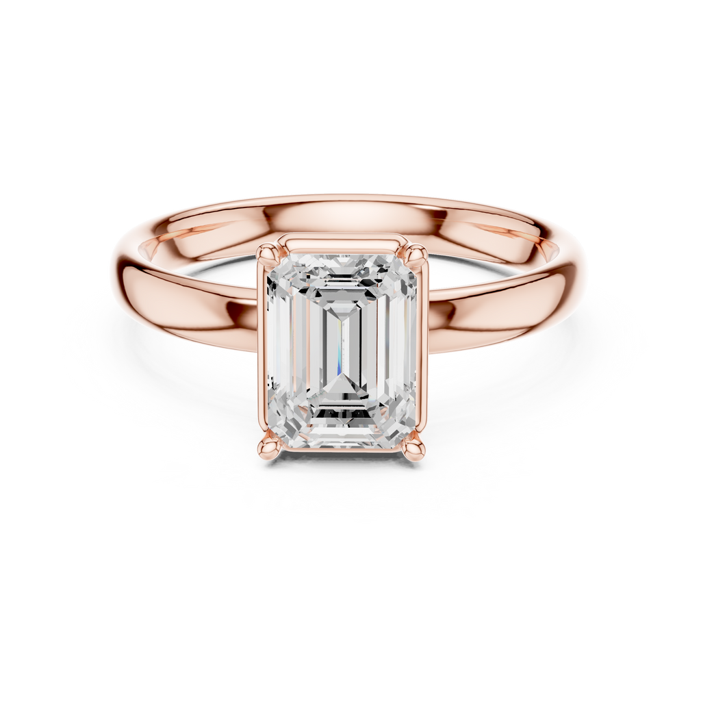 Rose gold emerald-cut solitaire diamond engagement ring, front view with curved band