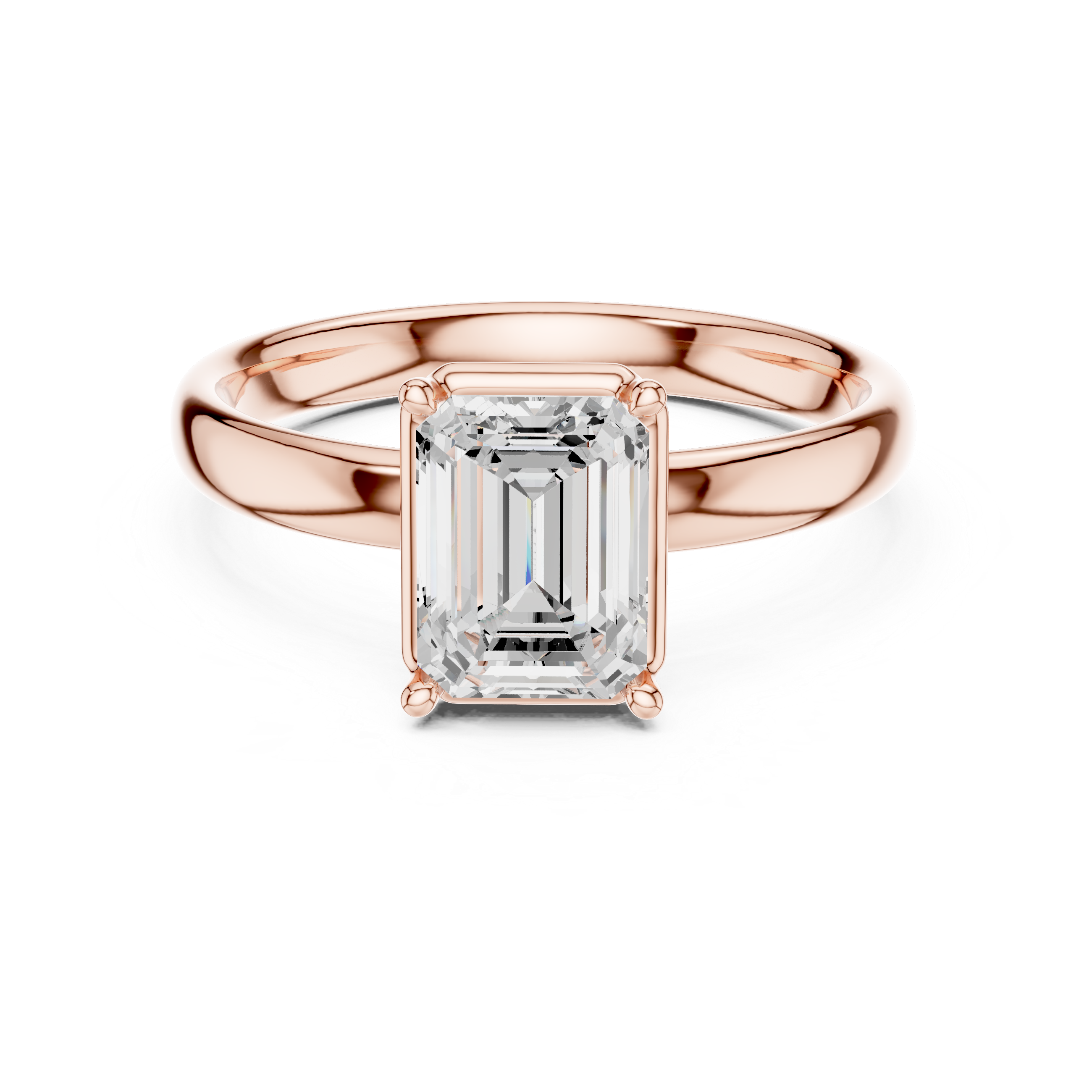 Rose gold emerald-cut solitaire diamond engagement ring, front view with curved band
