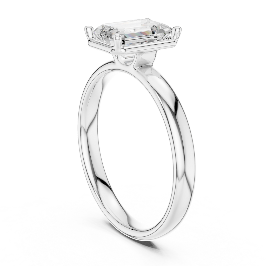 White gold emerald-cut solitaire diamond engagement ring, side profile view