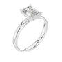 Platinum emerald-cut solitaire diamond ring, angled view of band and setting