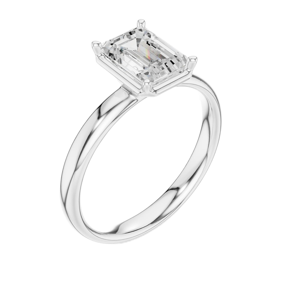 Platinum emerald-cut solitaire diamond ring, angled view of band and setting