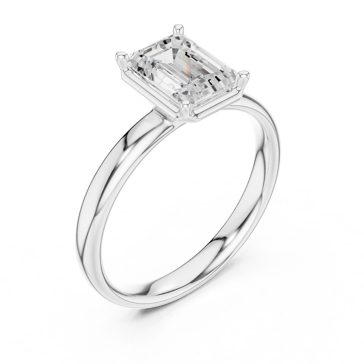 Platinum emerald-cut solitaire diamond ring, angled view of band and setting