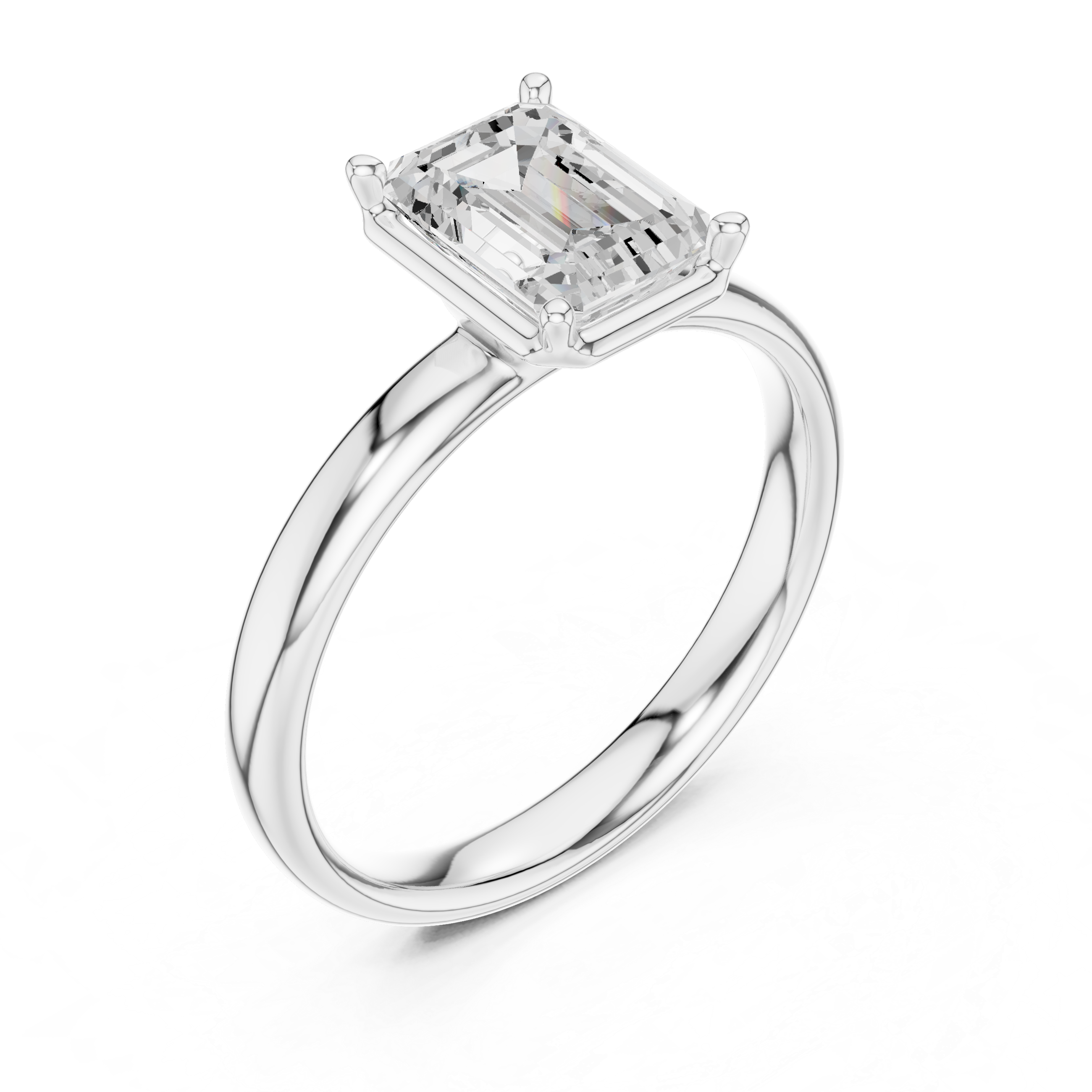 White gold emerald-cut solitaire diamond engagement ring, three-quarter view