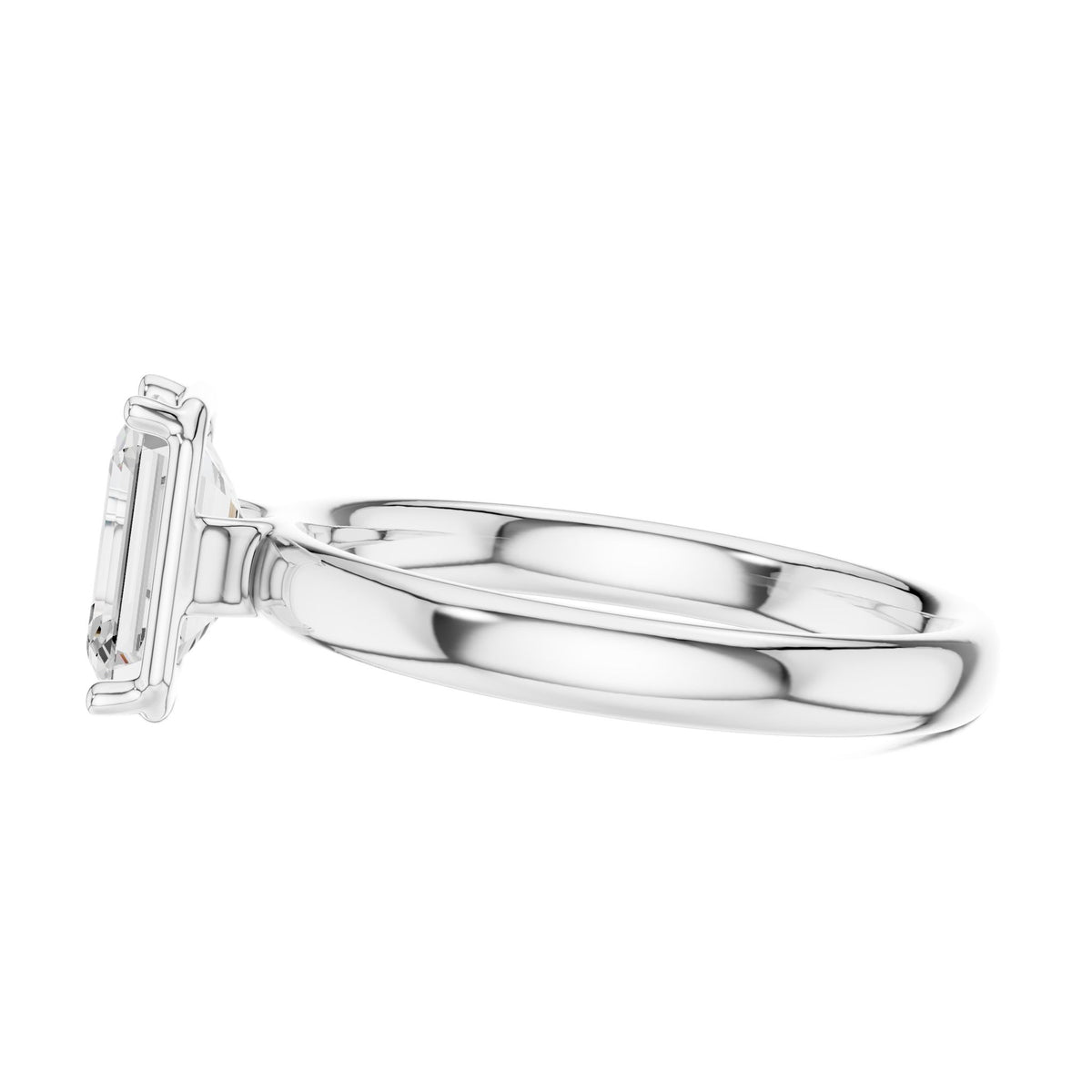 Platinum emerald-cut solitaire diamond ring side view, pronged center stone