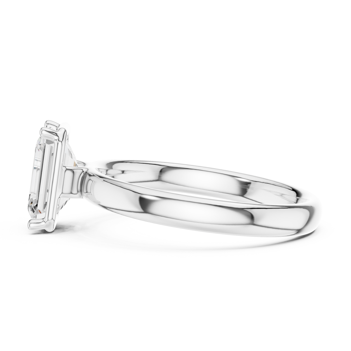 Platinum emerald-cut solitaire diamond ring side view, pronged center stone