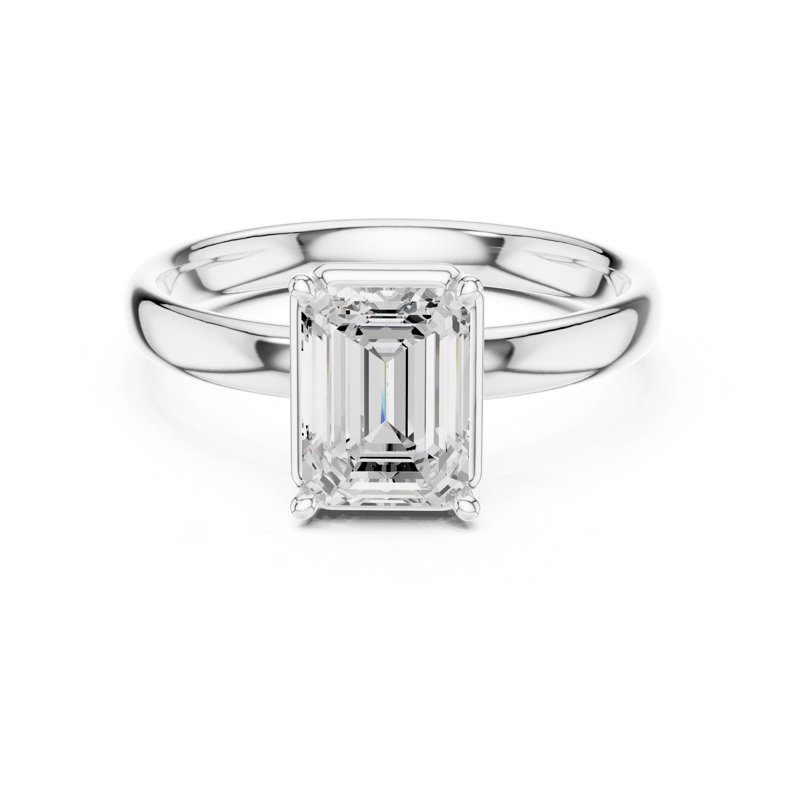 Emerald-cut diamond solitaire ring with polished silver-toned band and prong-set stone.