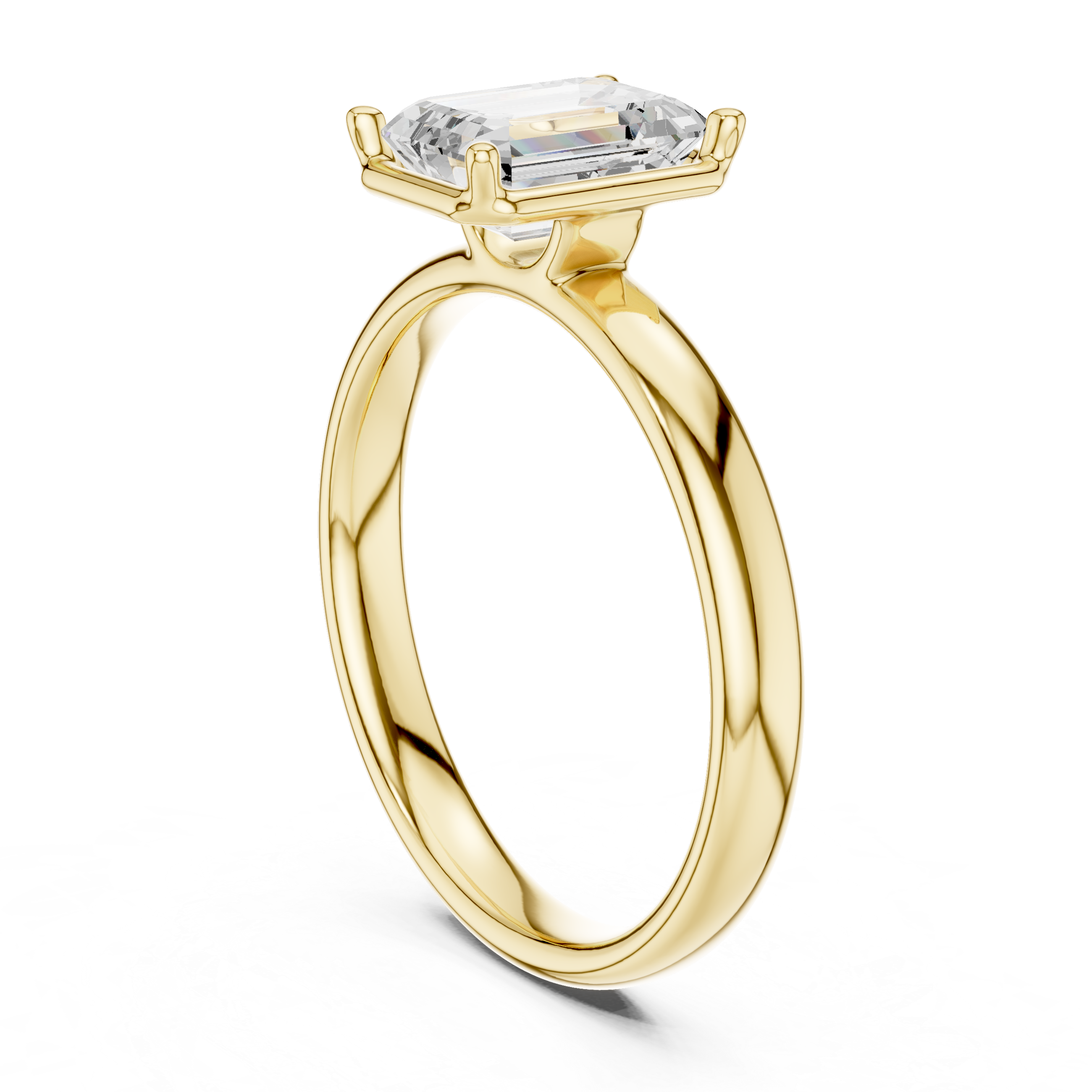 Emerald-cut diamond solitaire ring with yellow gold band and four-prong setting.