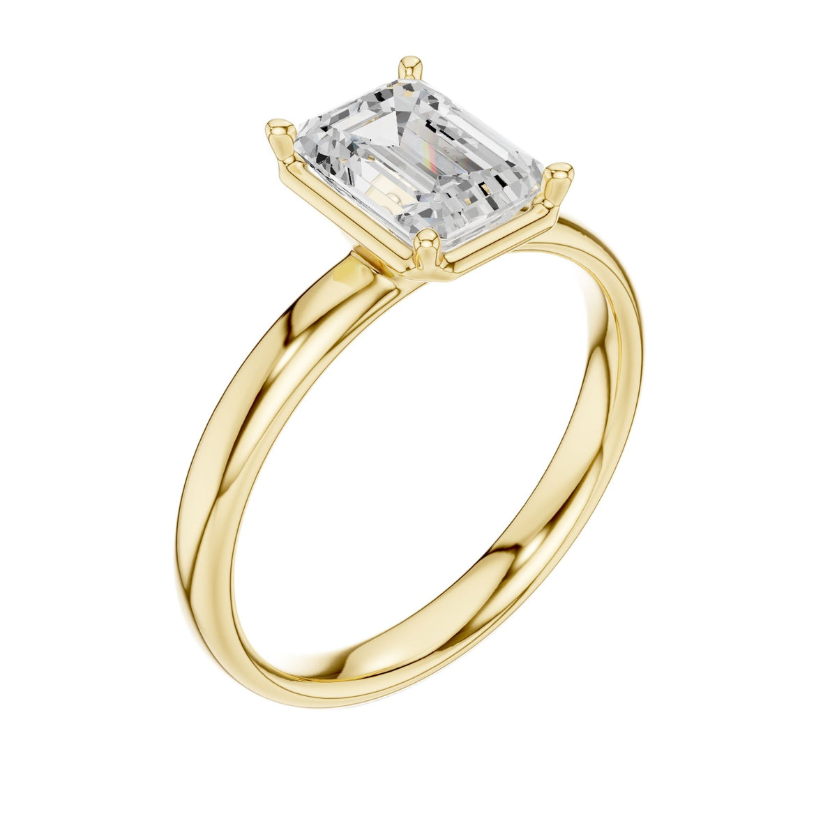 Yellow gold emerald-cut solitaire diamond ring, angled view of band