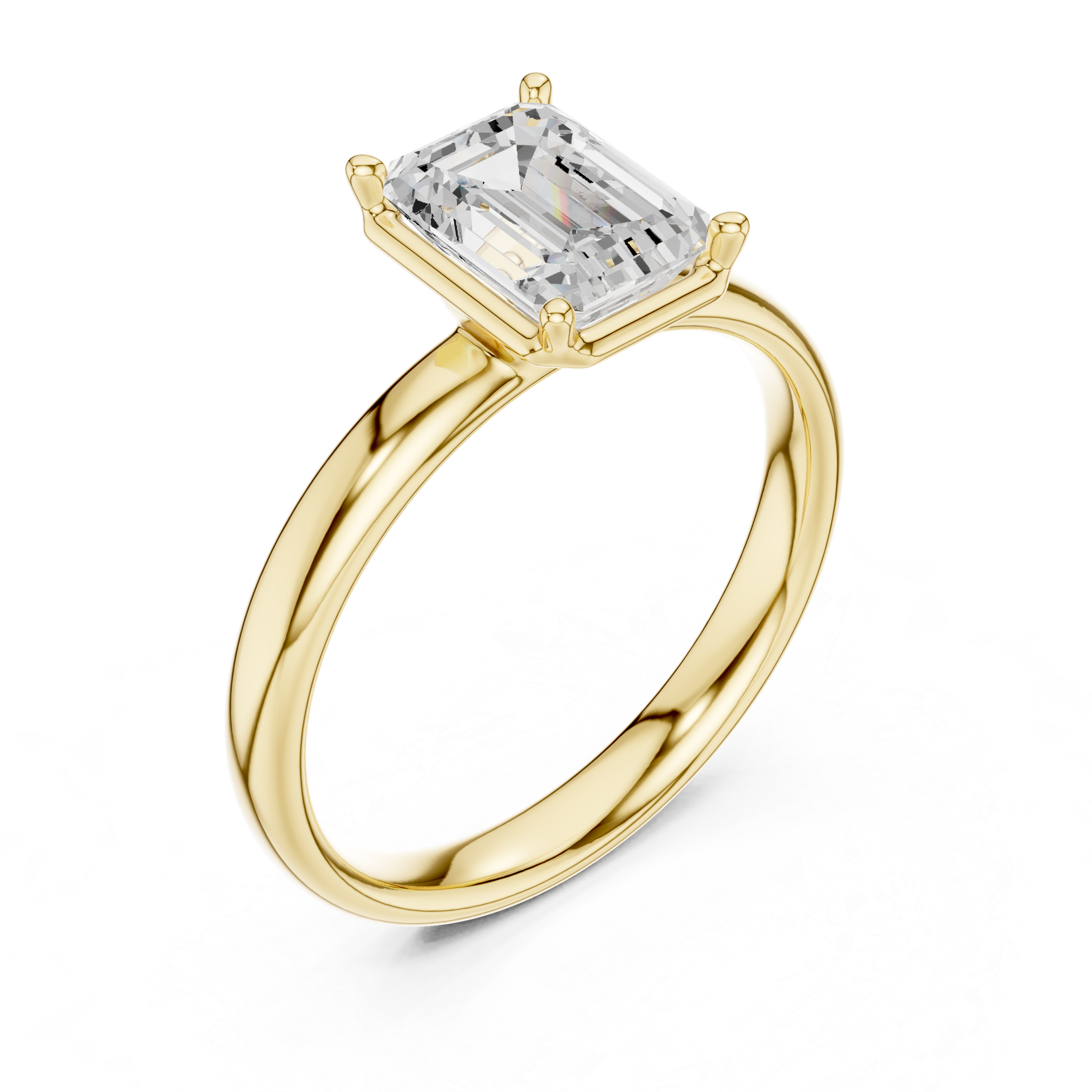 Emerald-cut diamond solitaire ring in yellow gold, three-quarter view with four-prong setting.
