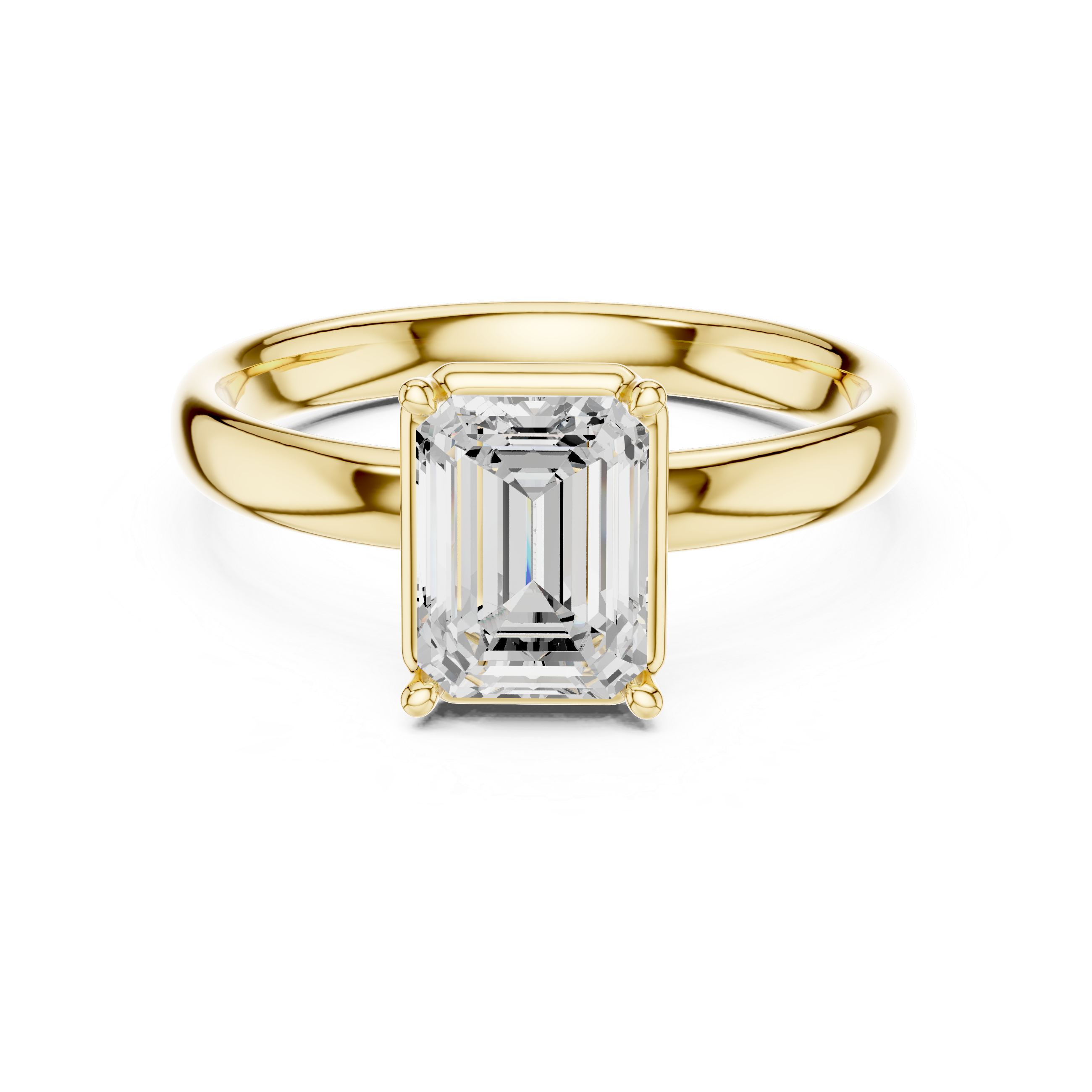 Emerald-cut diamond solitaire ring with yellow gold band and four-prong setting, front view.
