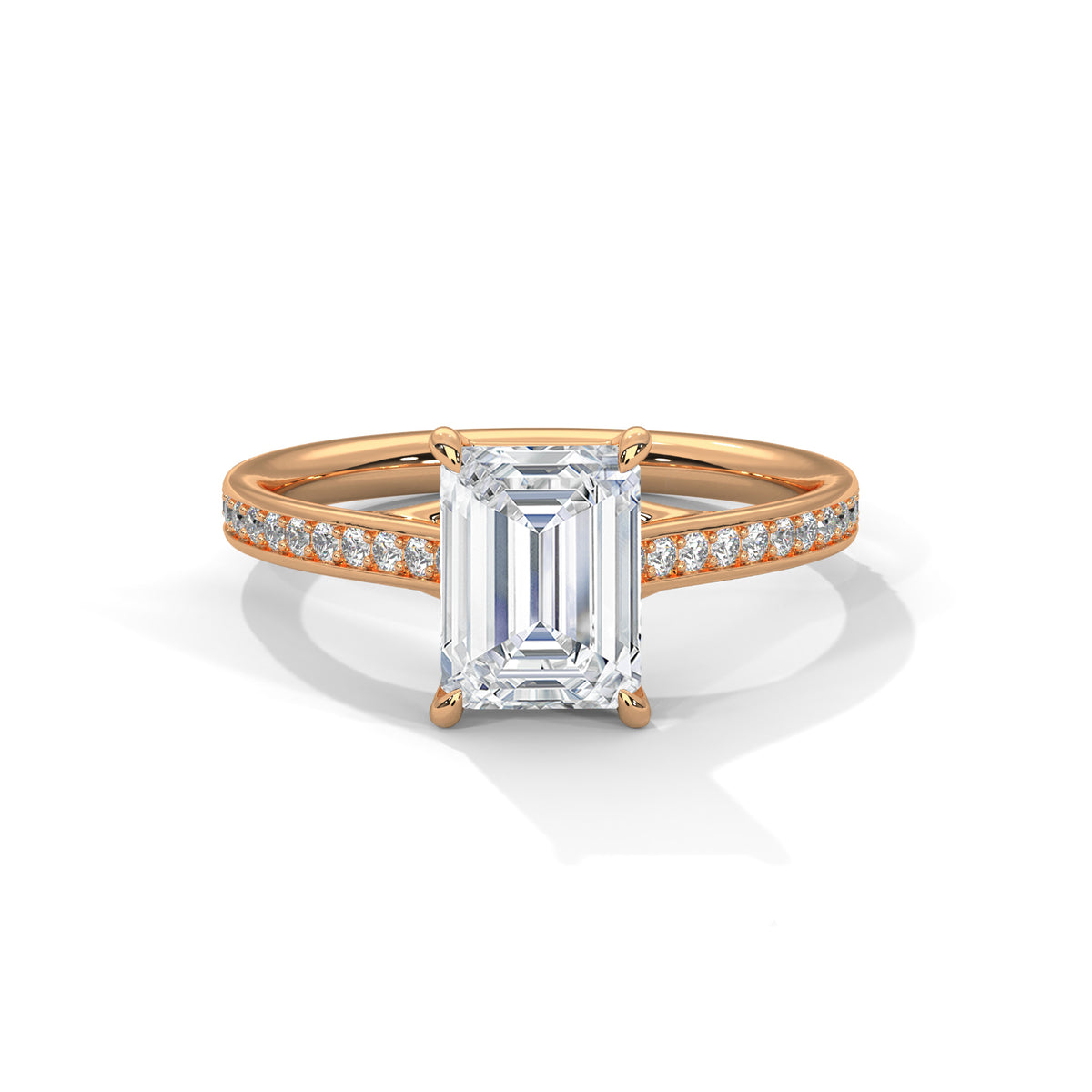 Yellow gold emerald-cut diamond pavé band ring with rectangular center stone