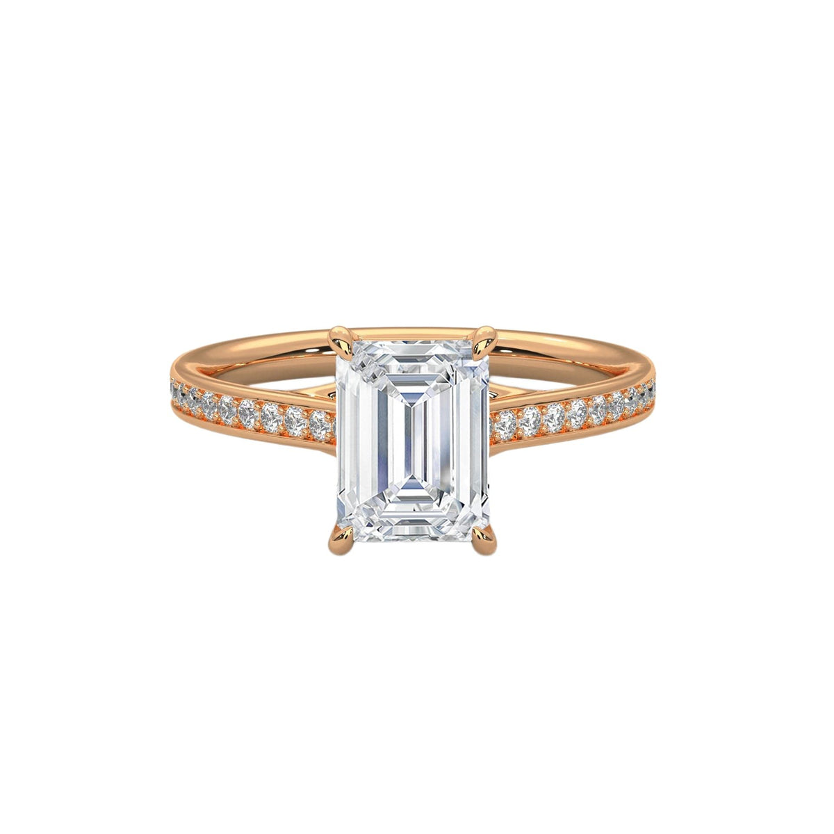Yellow gold emerald-cut diamond pavé band ring with rectangular center stone