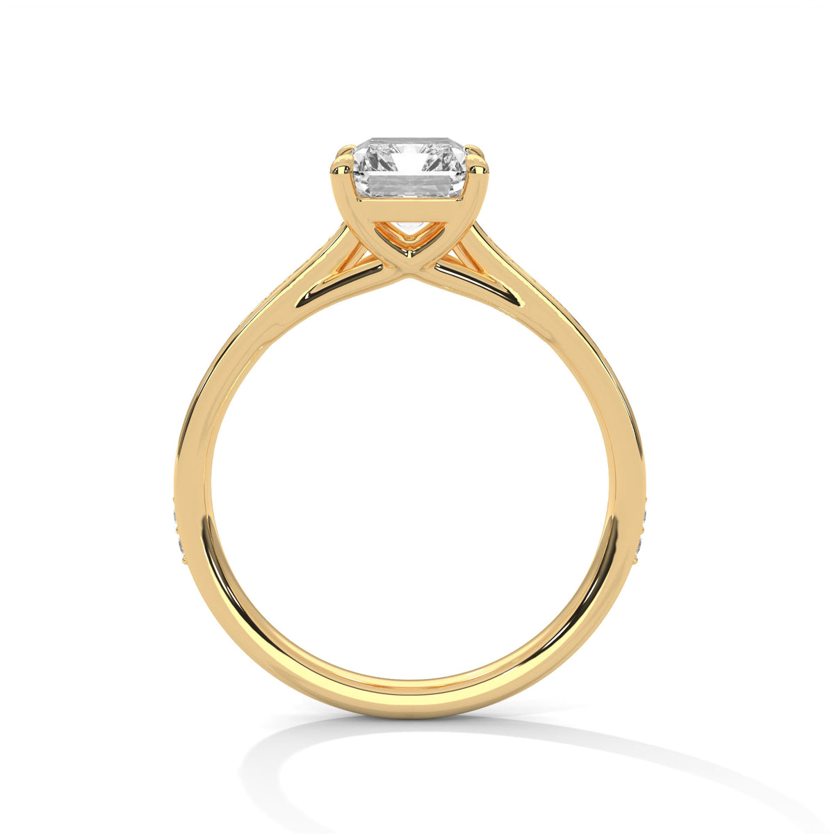 Yellow gold emerald-cut diamond pavé band ring with prong-set center stone