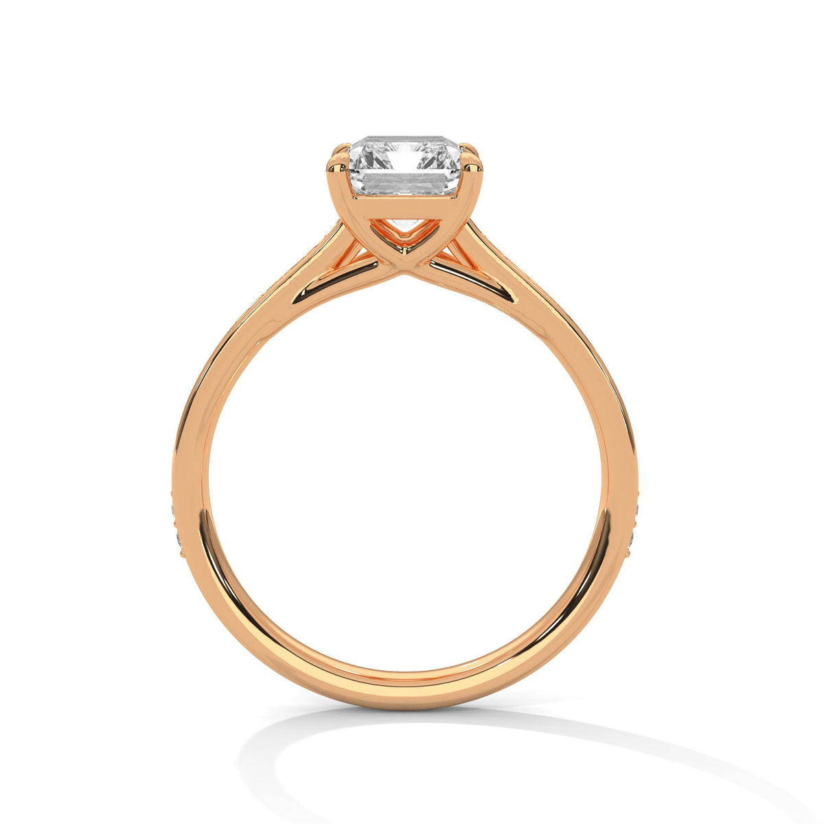Rose gold emerald-cut diamond pavé band ring with prong-set center stone