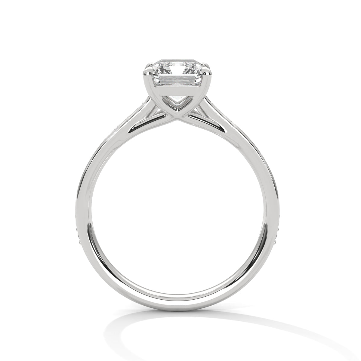 Platinum emerald-cut diamond pavé band ring with prong-set center stone