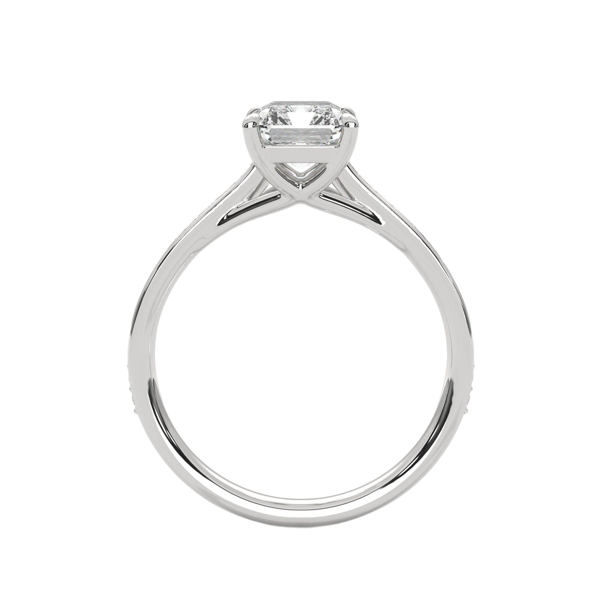 Platinum emerald-cut diamond pavé band ring with prong-set center stone