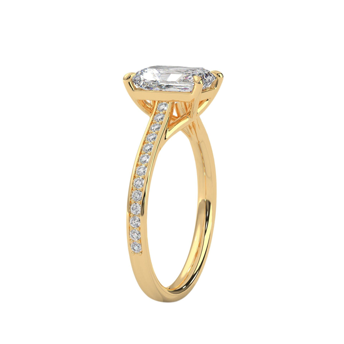 Yellow gold emerald-cut diamond pavé band ring with side diamond accents