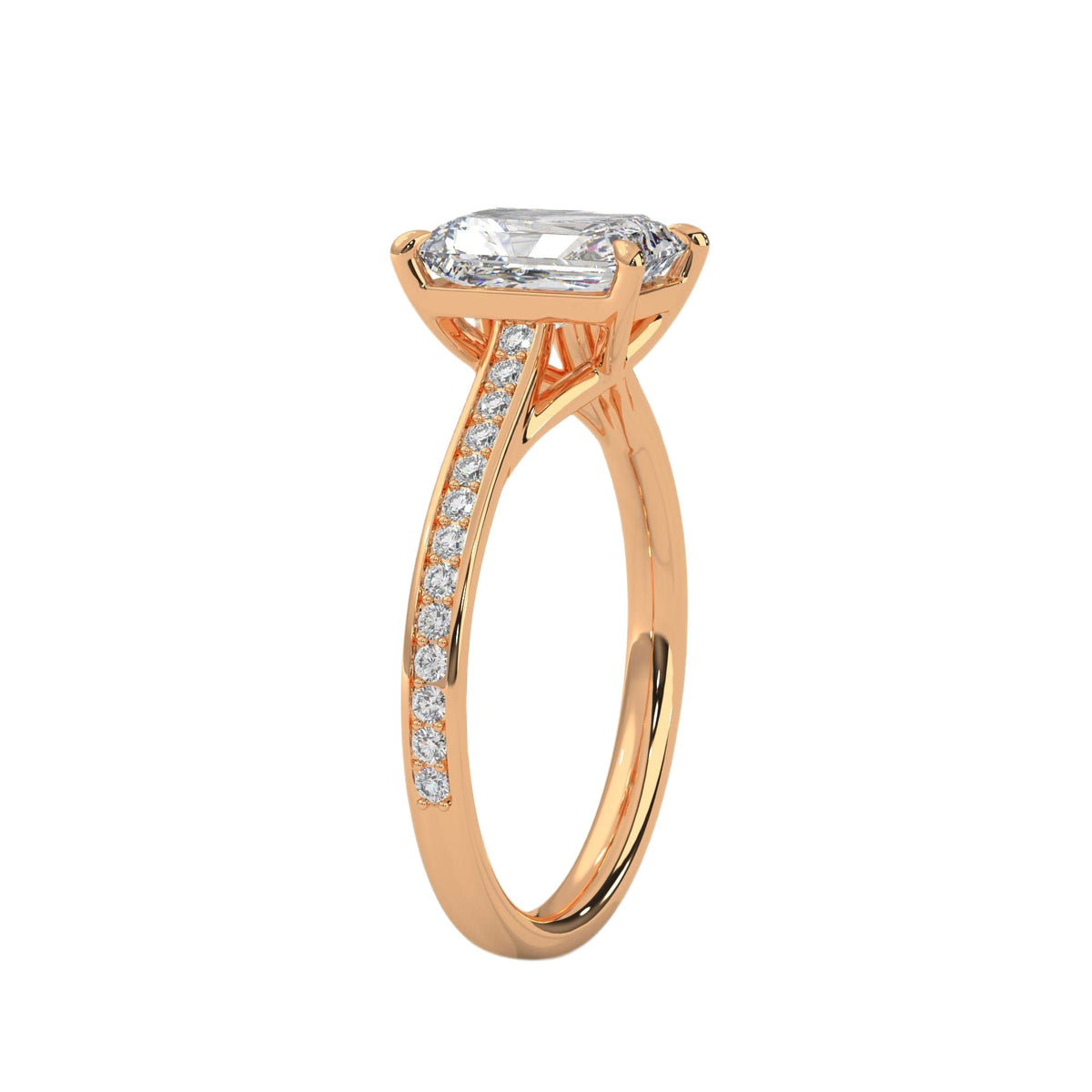 Rose gold emerald-cut diamond pavé band ring with side diamond accents