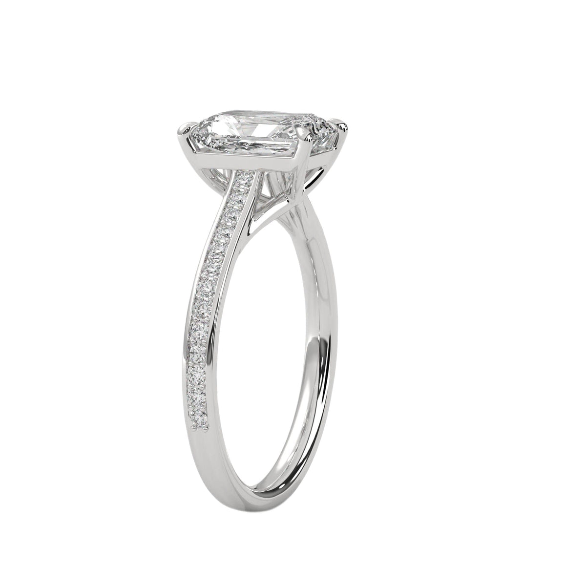 Platinum emerald-cut diamond pavé band ring with side diamond accents